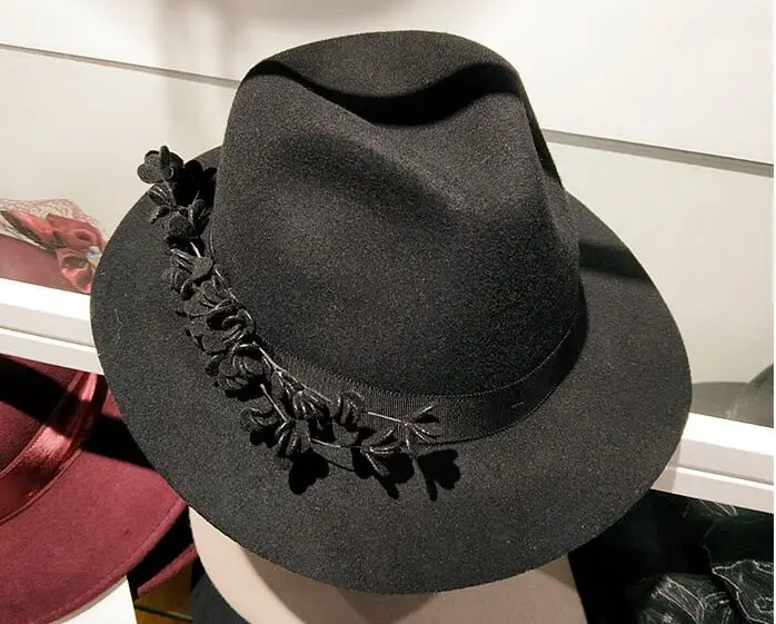 

01911-HQ- FM10011 LADY flower wool formal fedoras cap women panama jazz hat