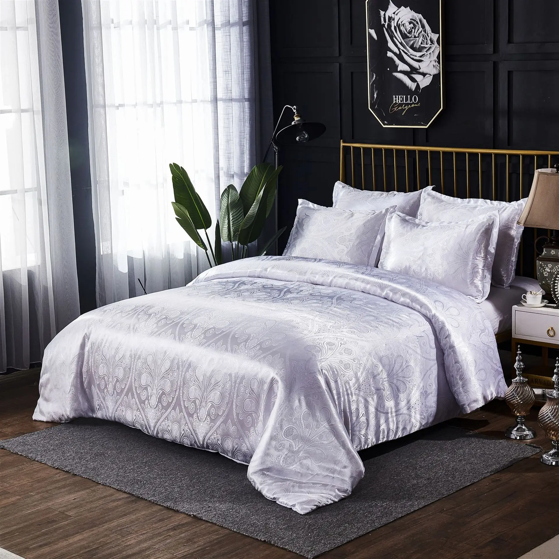 

Luxury Bedding Set 2/3pcs Satin Jacquard Duvet Cover Sets 1 Quilt Cover + 1/2 Pillowcases Twin Double Full Queen King
