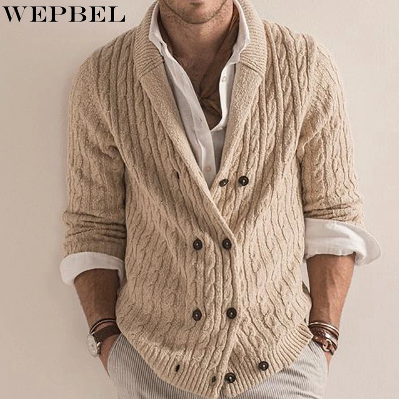 

WEPBEL Long Sleeve Knitted Sweater Men's Straight Cardigan Double Breasted Sweater Autumn Solid Turn-down Collar Sweater Coat