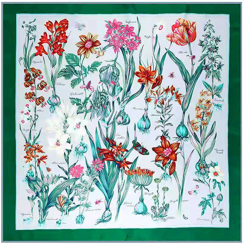 

130CM Luxury Brand Scarf Woman Shawl 100% Twill Silk Scarf Square Scarf Hyacinth Print Bandana Headband Hijab Scarves & Wraps