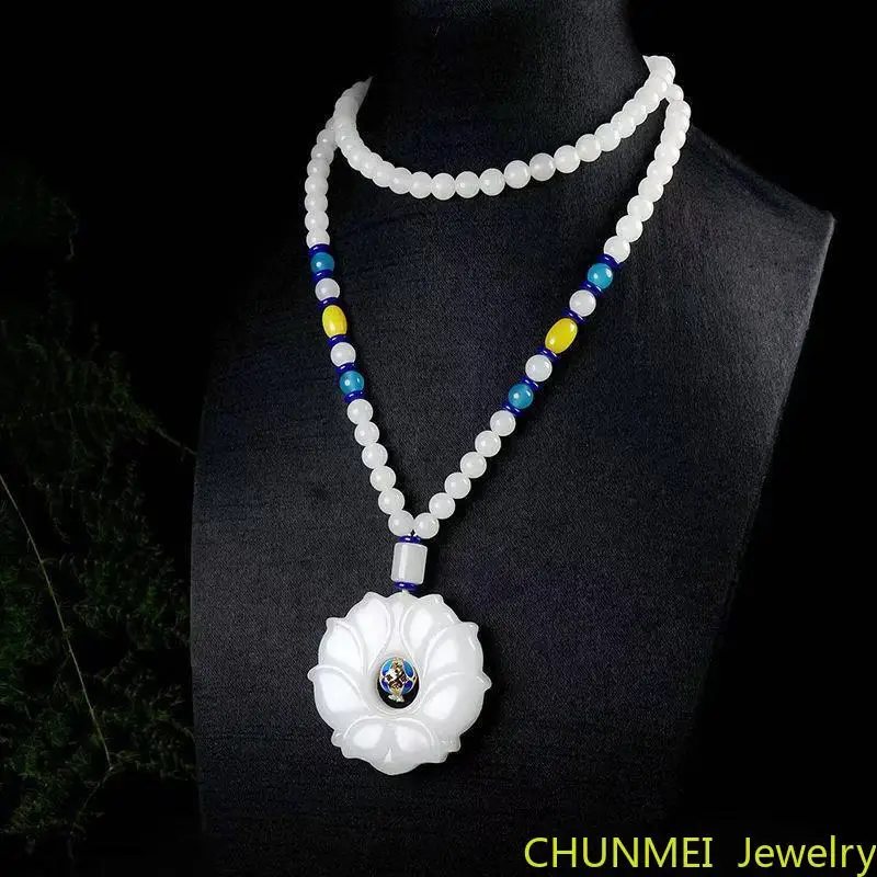 

Natural Jade Sweater Chain Natural Stone Xinjiang Gold Silk White Jade Double Lotus Necklace Best Selling Jade Beads Necklace