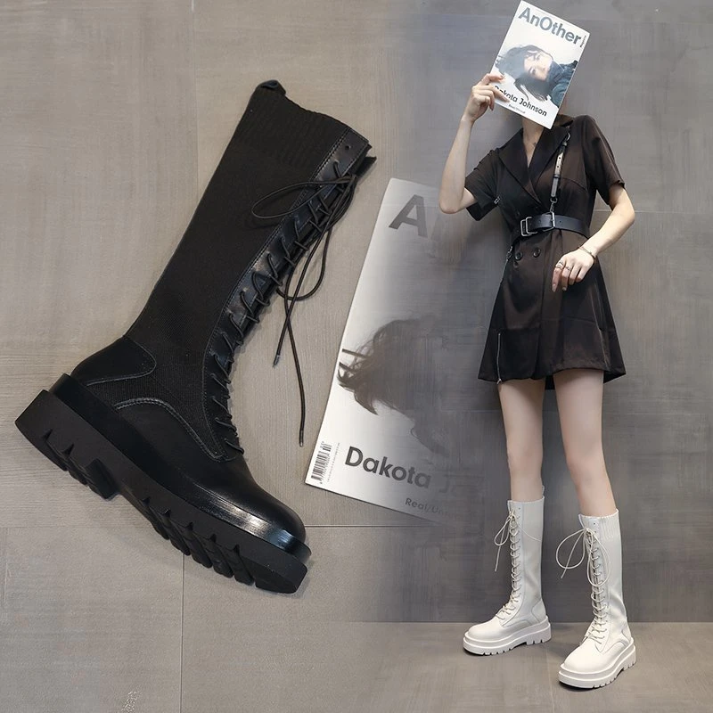 

2021 Vrouwen Sok Laarzen Herfst Lace Up Mid Calf Laarzen Vrouwelijke Hoge Platform Sok Schoenen Mode Beige Laarzen Mid-kalf