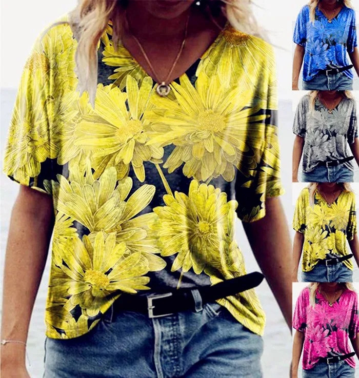 

New Summer Fashion Colors Sexy Floral Sexy Women Plus Sizes Big Large Loose Vintage Casual Fashion T Shirts Tops Tees