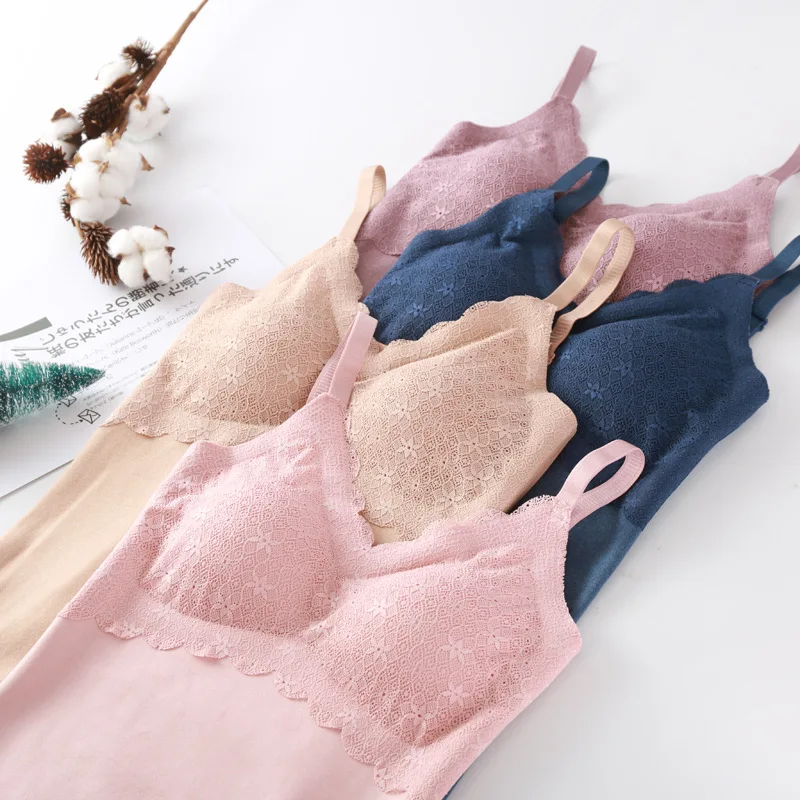 Asha&Vicki New  Velvet Thermal Underwear Women Non-marking Chest Pad Thermal Vest Women Brushed Heating Lace Flowers Vest Sling