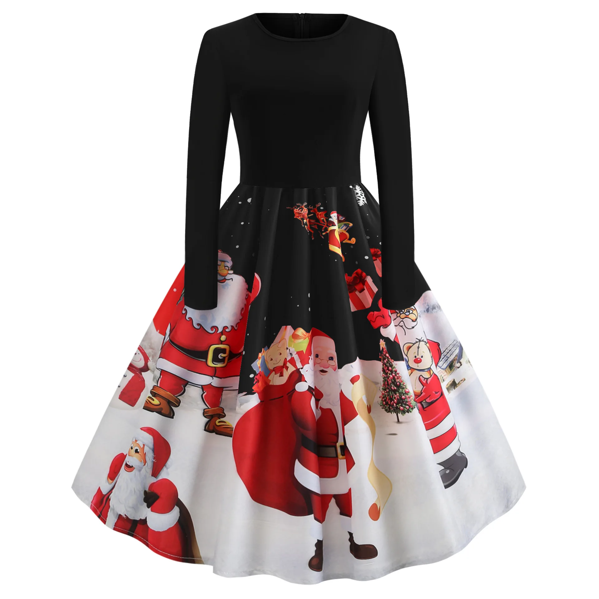 

Christmas Dress Retro Hepburn Style Christmas Print Stitching Long-sleeved Big Swing Dress Christmas Party Clothing Ladies Dress