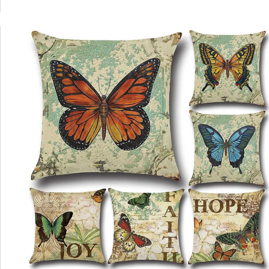

Vintage Painted Butterfly Printed Waist Pillowcase Animal Linen Sofe Pillow Cases Bed Chair Car Cushion Cover Home Decorative