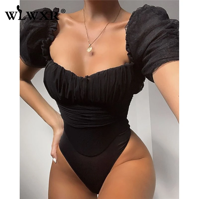 WLWXR Сетчатое кружевное черное сексуальное боди женские топы с коротким рукавом, с вырезом на спине обертывание Клубные вечерние облегающий костюм женский Дамский комбинезон