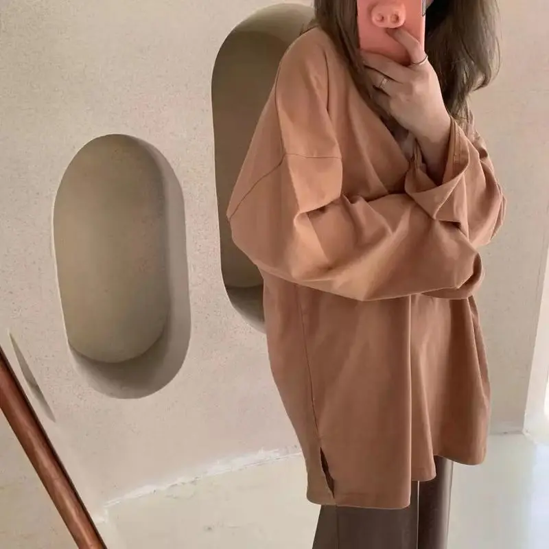 

Women's Clothing 2021 Oversize T-Shirts Spring Summer Solid Bottoming Long Sleeve All-match Korean Casual Minimalist Style Tops