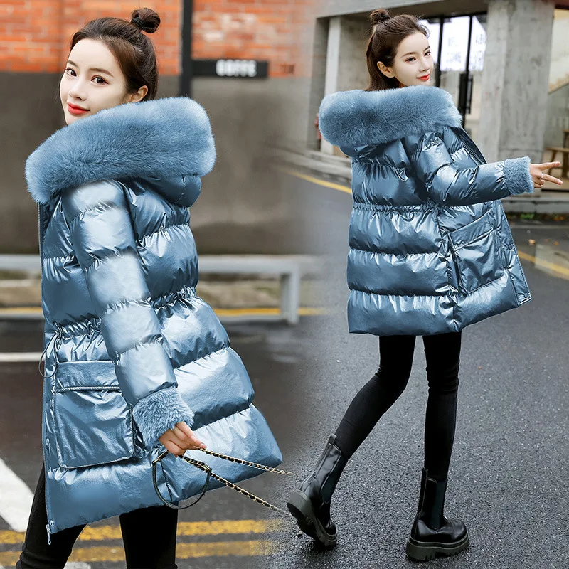 

2021 Winter New down Cotton Jacket Women Mid-Length Waist Slim Thickened Large Fur Collar Bright Surface Wash-Free Sustans Coat