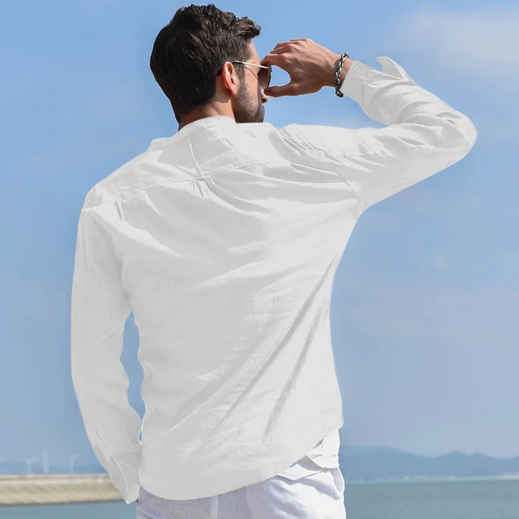 Рубашка мужская с длинным рукавом Свободная блуза из хлопка и льна однотонная в