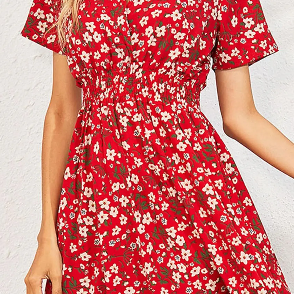 

2021 Floral Print Dress Loose Female Ladies V Neck Summer Dresses for Vacation