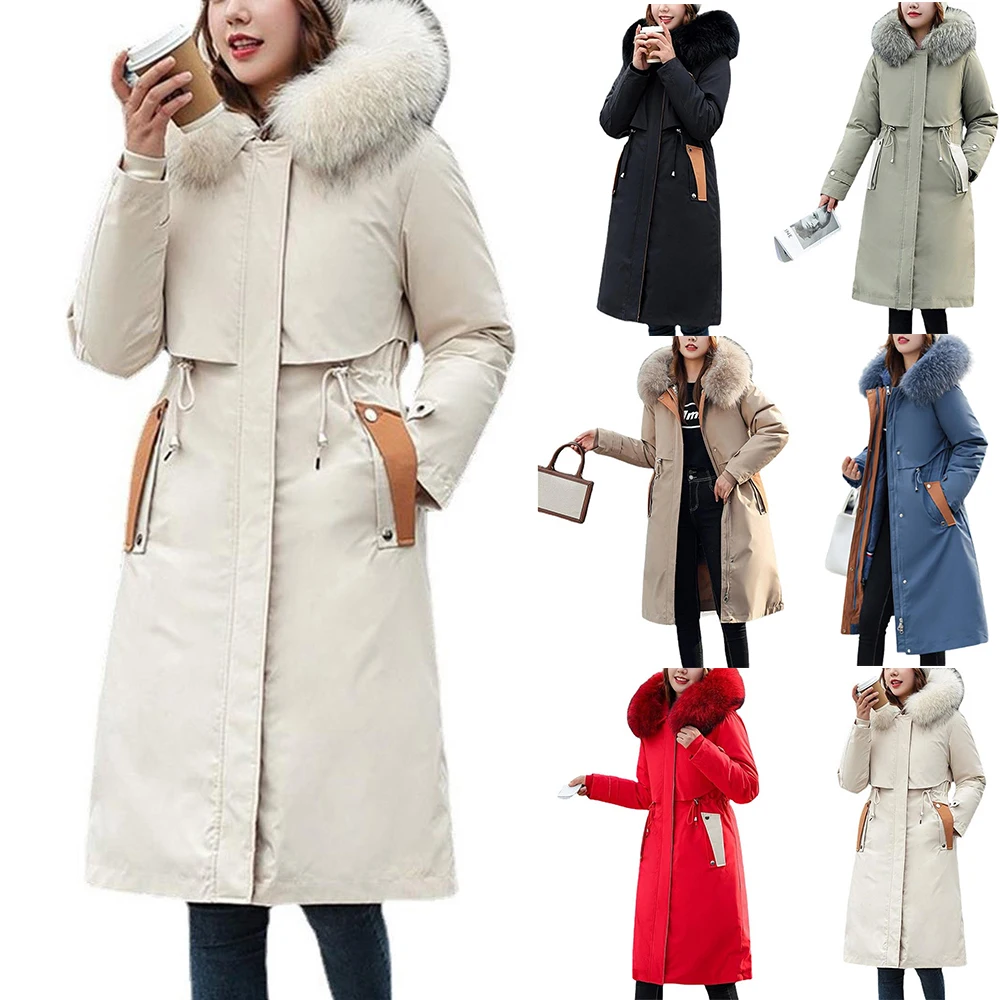 

Женская стеганая парка с капюшоном, Длинная зимняя куртка-пуховик на молнии с подкладкой, Длинные свободные верхние топы с карманами, одежд...