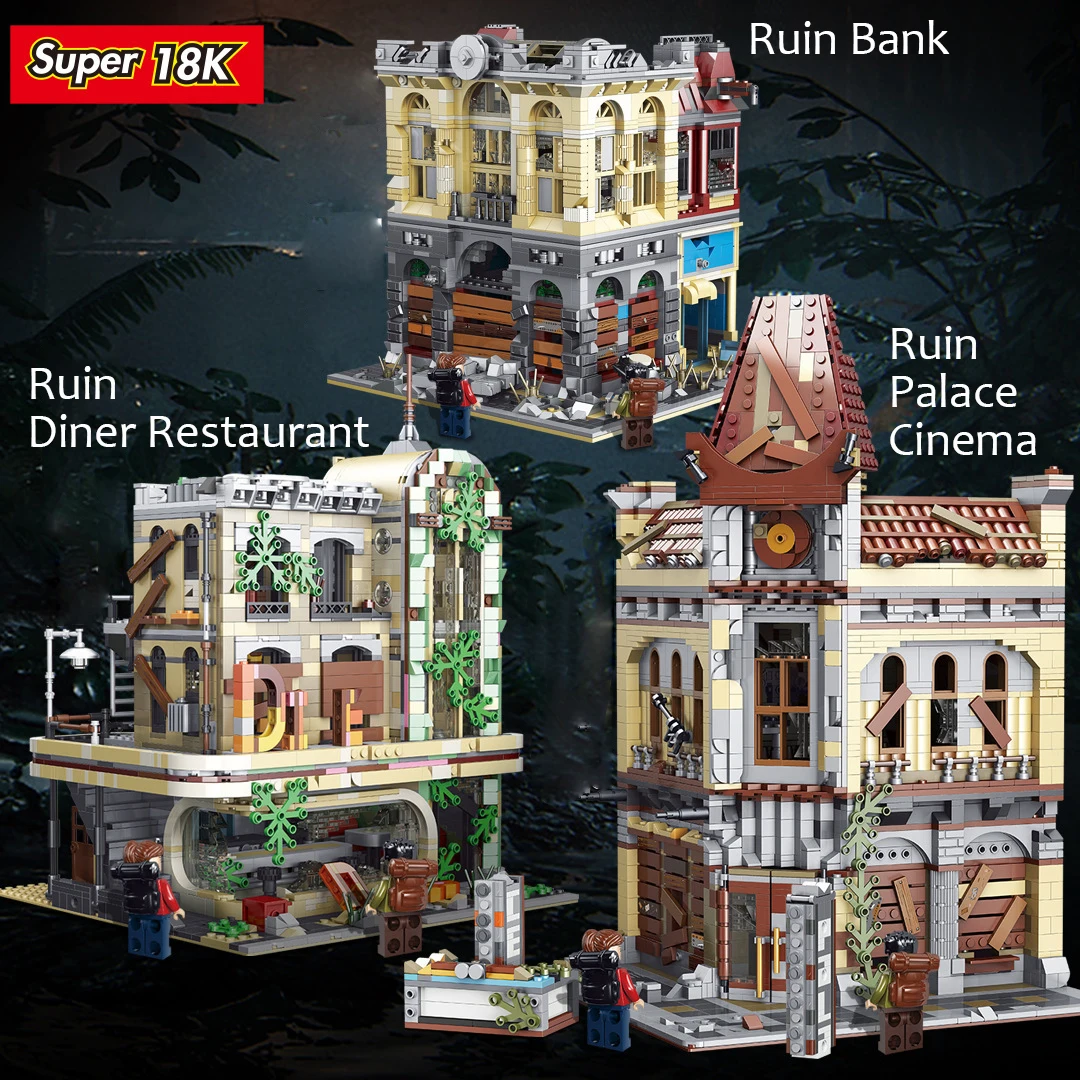 

In Stock Super18K Apocalypse City Street Ruin Theater Dinner Restaurant Jengmu Bank Architecture Building Block Bricks Gift Toys