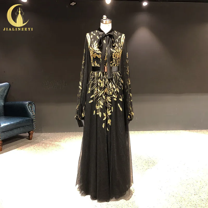 

Рисунок Рина Zuhair Murad, модное вечернее платье с длинными рукавами, черные, золотые бусины