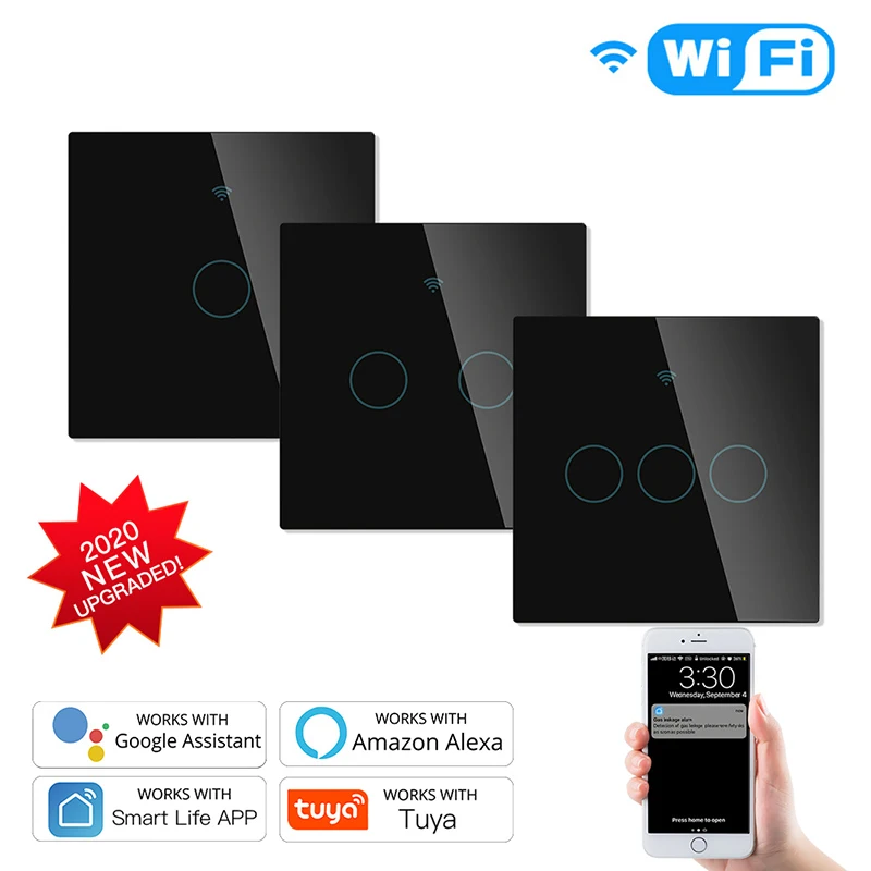 

WiFi Smart RF433 сенсорный выключатель 2/3 способ Smart Life/Tuya управление приложением Alexa Google Home IFTTT Голосовое управление 1/2/3 Gang Черный