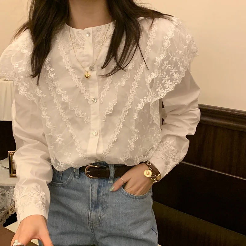 

HziriP 2021 New Shirt For Women Tops Daisy Lace Cardigan O-neck Elegant Vintage Sweet Female Office Lady Casual Girl Blouses