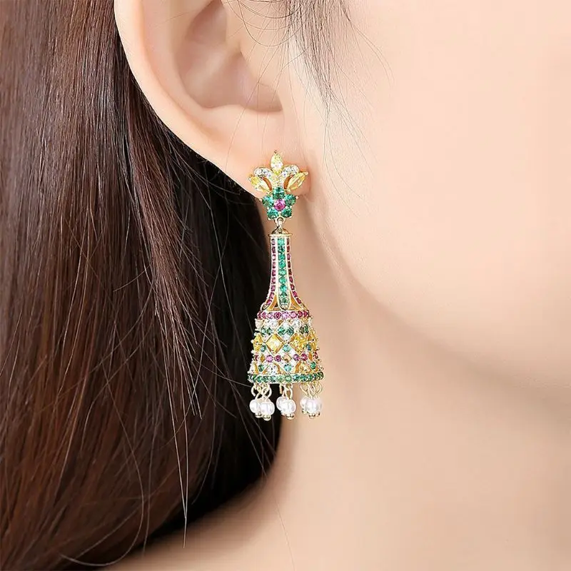 

1Pair Retro Ethnic Indian Zircon Bell Imitation Pearl Tassel Drop Dangle Earring