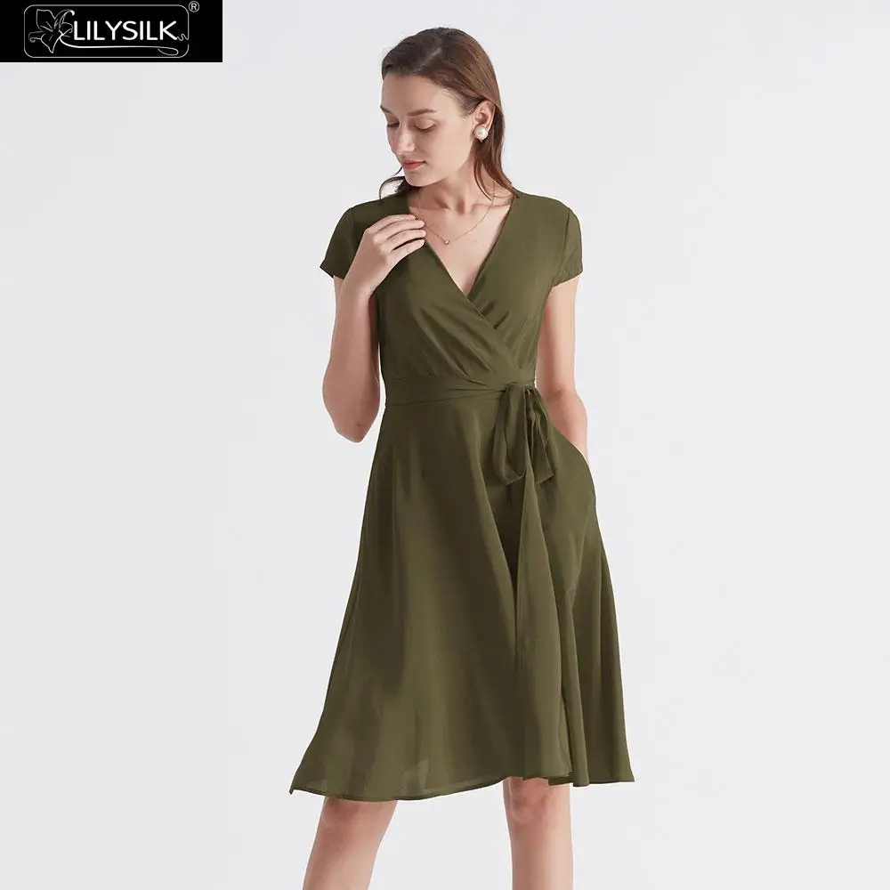 Olive Green LilySilk платье шелк для женщин Рисунок лестно обёрточная бумага дамы - Цвет: Olive Green