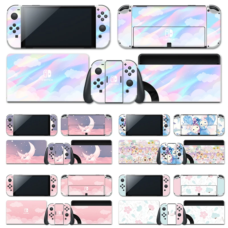 

For Nintendo Switch OLED Skin Sticker Pink Cute Cat Dog Moon Cloud Flowers