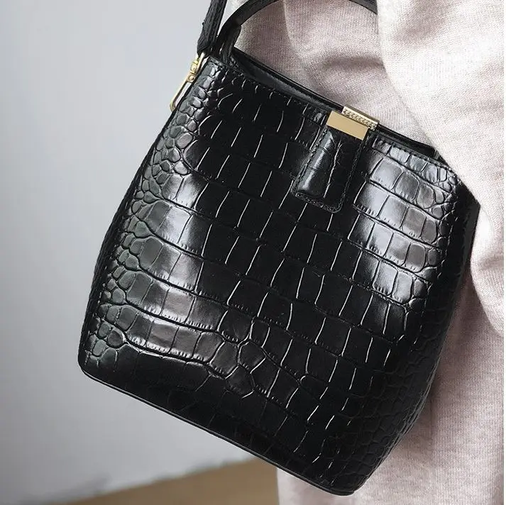Crocodile black Простая Сумка-мешок из натуральной кожи, женская сумка \ Сумочка, Модные Цепочки, женская сумка-тоут, дизайнерская женская сумка через плечо~ 19B25 - Цвет: Crocodile black