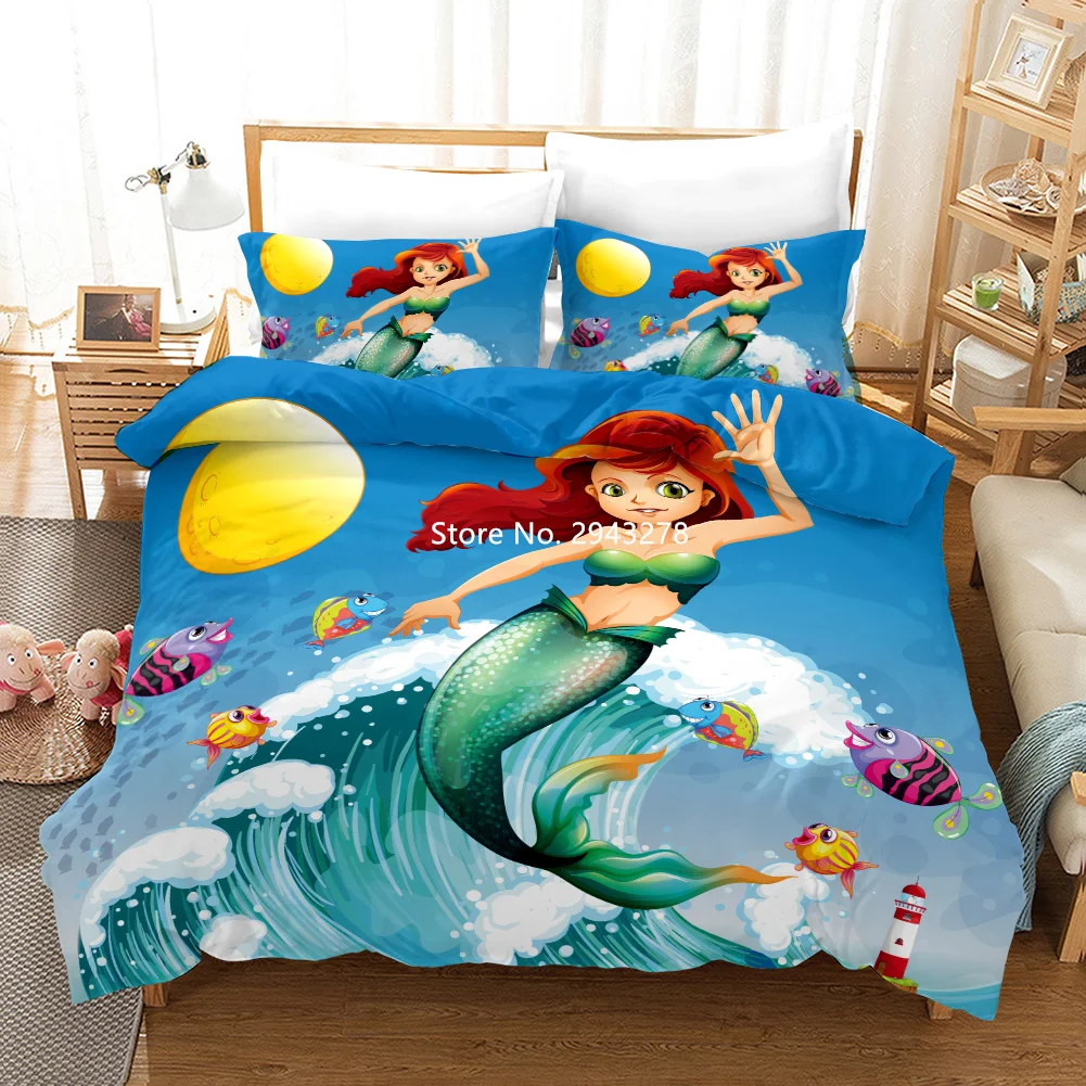 

Cartoon Cute Mermaid Colorful Print Duvet Cover and Pillowcase Bedding Set Deluxe Full-size Bedroom Decor for A Little Girl Gift