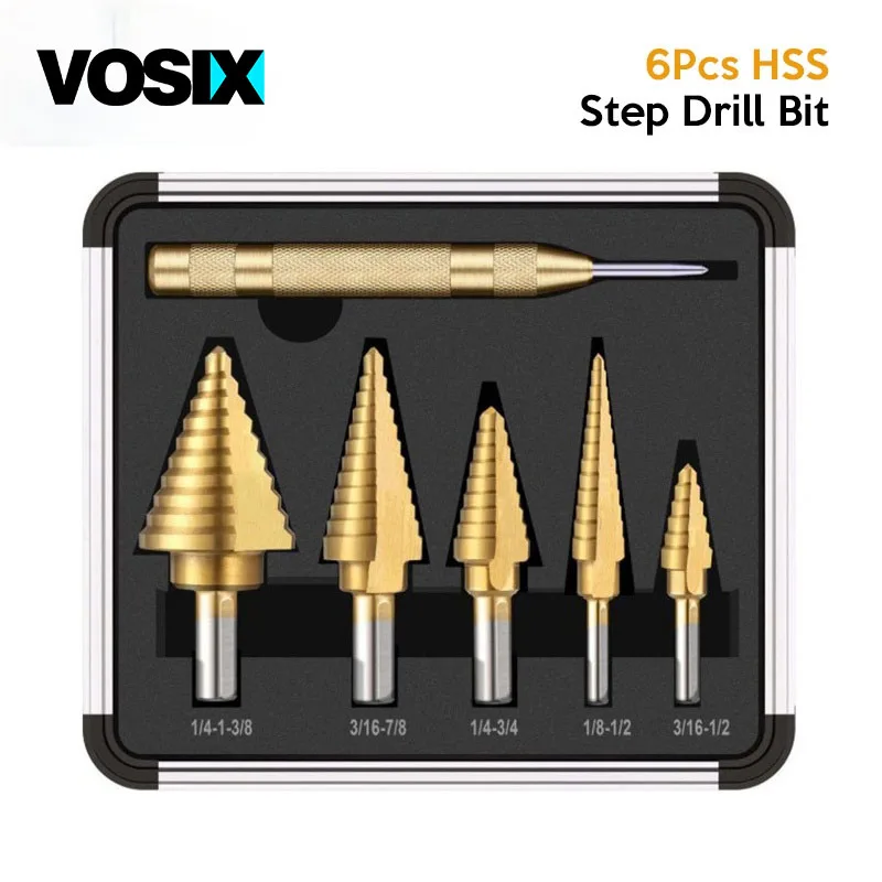 

6Pcs HSS Nano Gold Coated Step Drill Bit With Center Punch Set Hole Cutter Drilling Tool