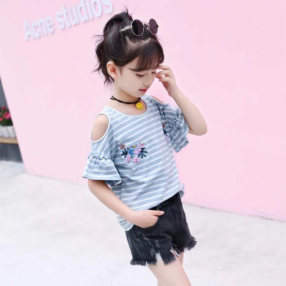 Футболки для девочек Футболка с цветочной вышивкой детские футболки оборками и