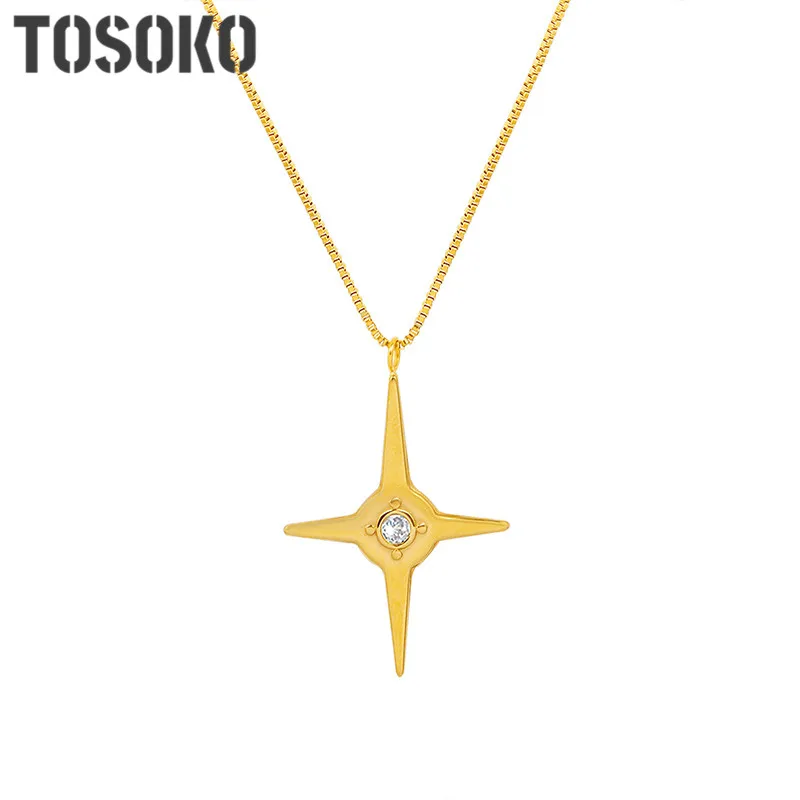 

TOSOKO Stainless Steel Jewelry Star shining Zircon Pendant Necklace Women's Fashion Clavicle Chain BSP015