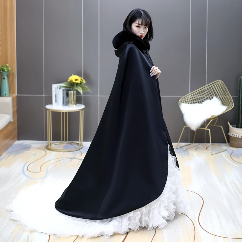 

Black Faux Fur Satin Wedding Cloak Hooded Long Bride Cape Fall Winter Elegant Bridal Accessories