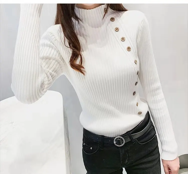

New Fashion Button Turtleneck Sweater Women Spring Autumn Solid Knitted Pullover Women Slim Soft Jumper Sweater Female Knit Tops