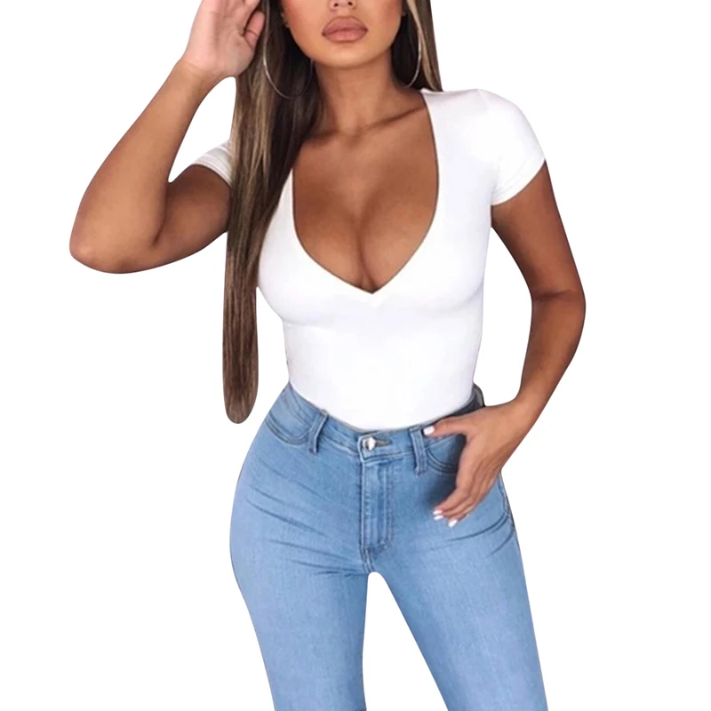 

Summer Fashion Women's Shirt Solid Short Sleeve V-Neck Tops Summer Ladies Long Tight Bottom Shirt Pullover