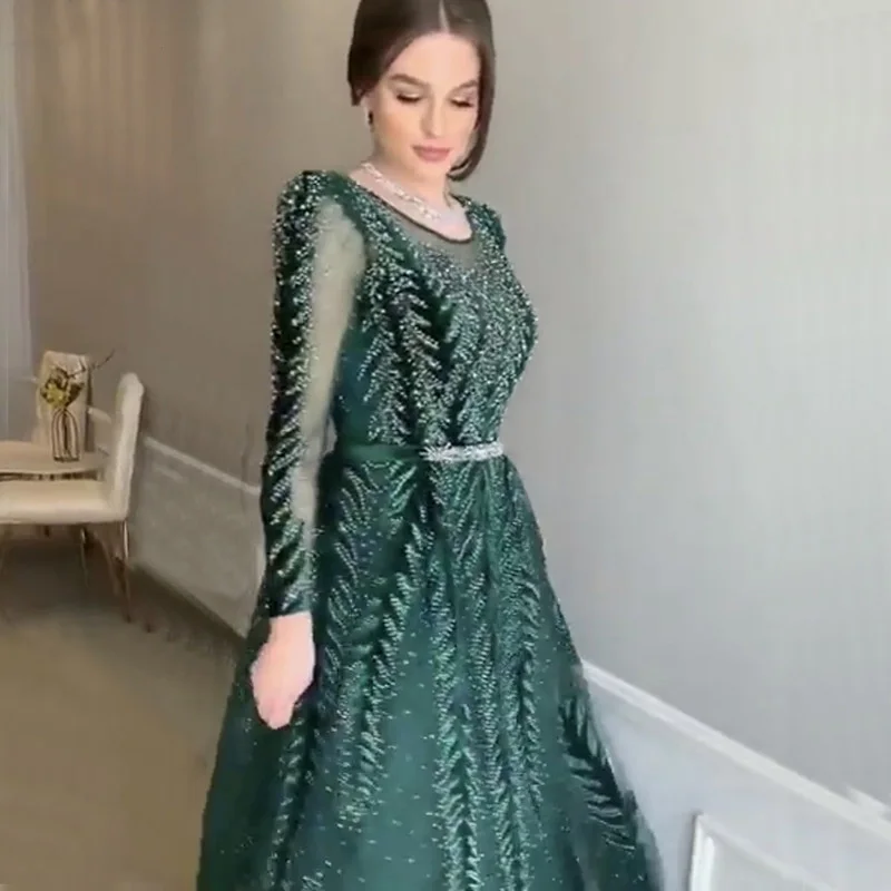 Арабское Изумрудное зеленое вечернее платье для мусульманских женщин с длинным