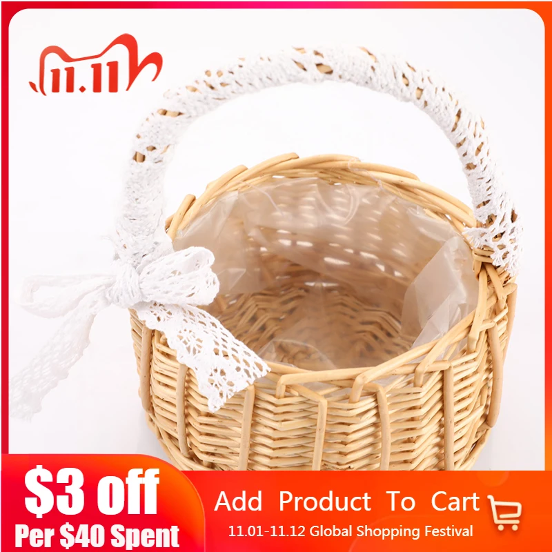 

1PC Woven Flower Basket Rattan Storage Flower Girl Hand Basket Handmade Flower Basket with Bow Storage Wicker Toy Storage Fruit