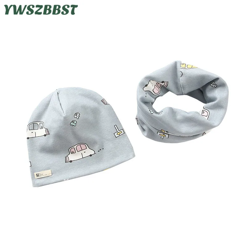 

New Spring Autumn Cotton Baby Hat Set Car Lion Bear Boys Girls Cap Neck Scarf Kids Head Cover Winter Children Beanies Cap