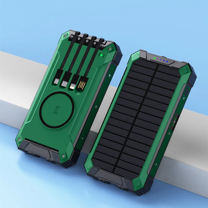 

20000mAh Portable Qi Wireless Charger Solar Power Bank Built in Cable Powerbank for iPhone 12 Pro X Samsung S20 Xiaomi Poverbank