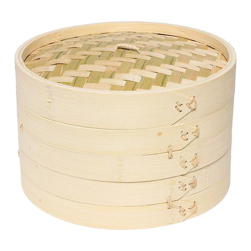 

2-ярусная с крышкой 10 дюймовый бамбуковый пароход корзина для тусклого сума, булочек и Пельменей