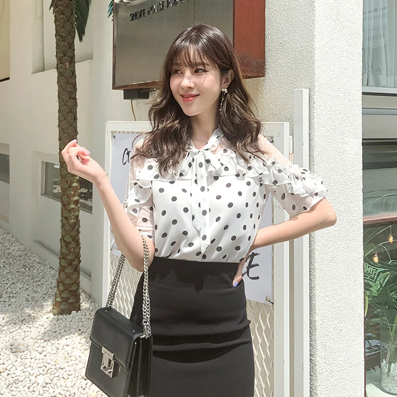 Women Blouses 2020 Fashion Short Sleeve Chiffon Shirt Polka Dot Shirt Top Blusa Womens Tops and Blouses
