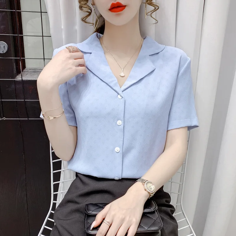 

Houthion Chiffon Slim Women's Blouses Fashion Short Sleeve Top Solid Color Buttons V-neck Shirt Summer New Casual Blouse