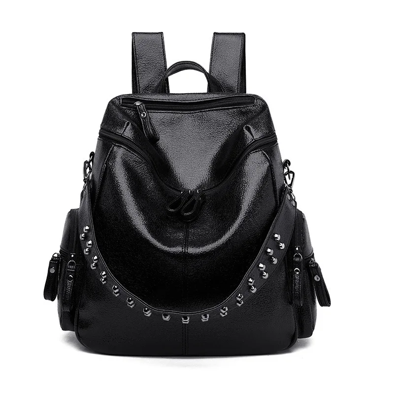 

GZM Women's Backpacks Retro Studded Soft Leather School Bag Large-capacity Simple First Layer Cowhide Backpack Purse