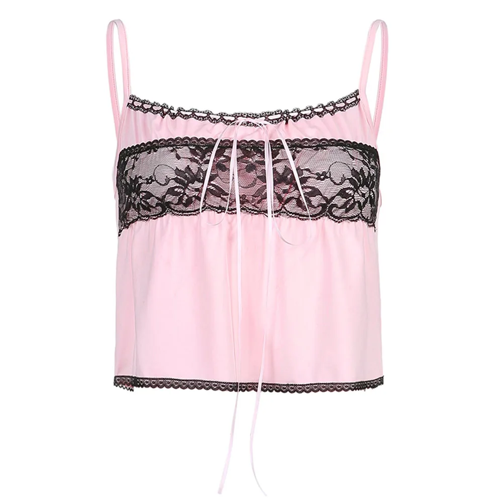 

Lace Stitching Sexy Halter Sling Base Inner Short Vest Pink Backless Summer Women Camis Sleeveless Bow Casual Fashion Small Vest