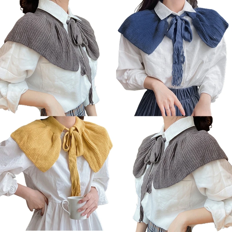 

Women Winter Knit Decorative False Collar Solid Color Tassels Bandage Shawl Wrap