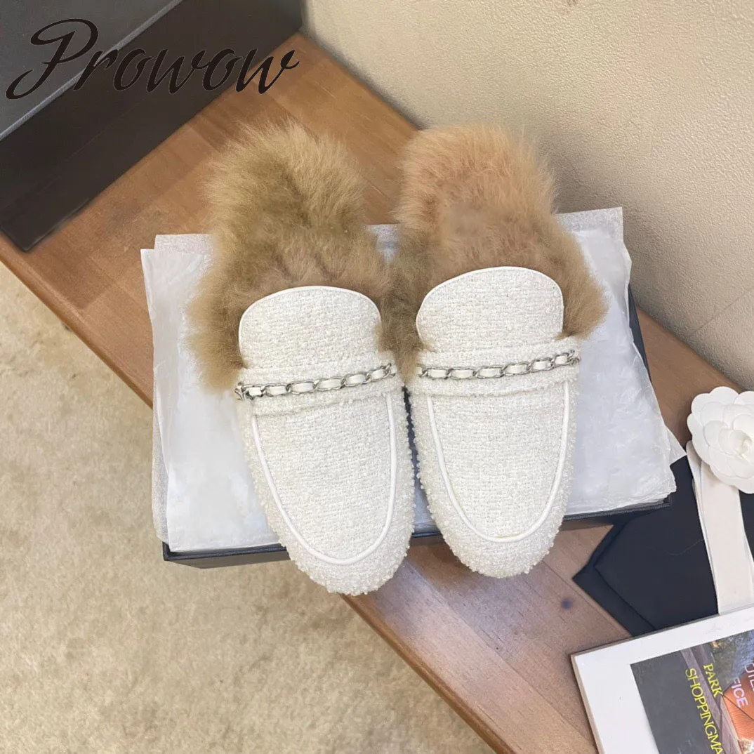 

Prowow New Fall Autumn Winter Genuine Leather Metal Chain Real Fur Slipper Sliip On Comfortable Fashion FLats Shoes Women Design