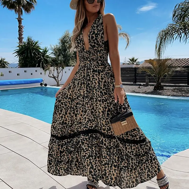 

2021 Summer V Neck Leopard Long Beach Dress Sexy Sleeveless Backless Boho Maxi Dress Women Elegant Hollow Out Lace Party Dresses