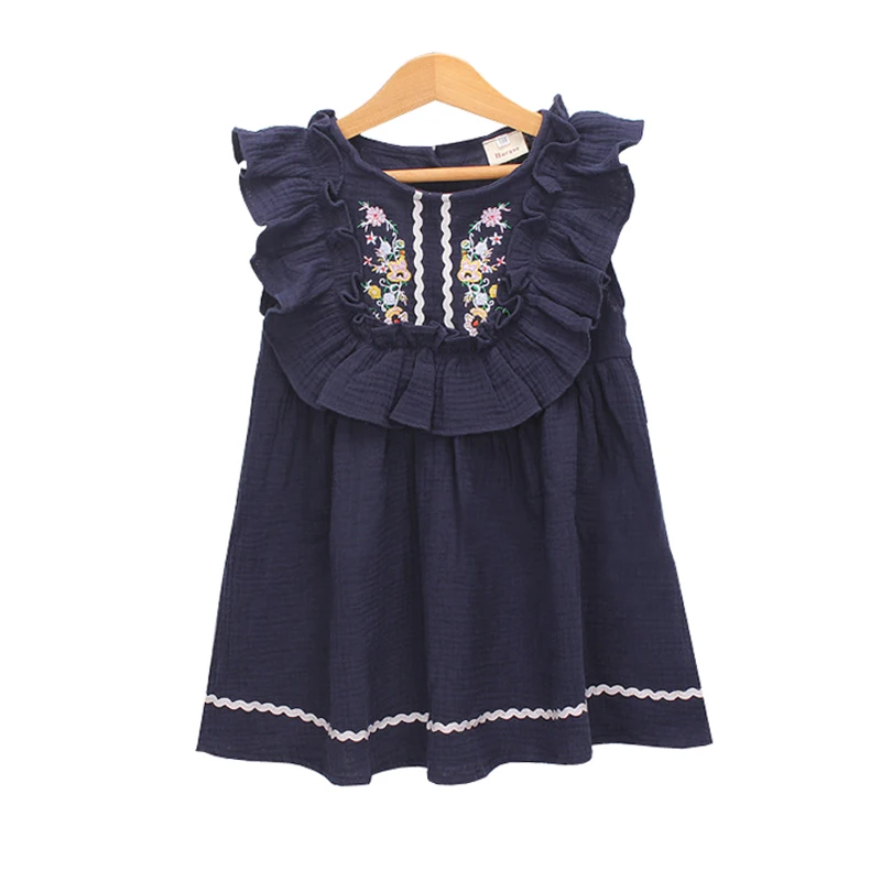 baby girls summer flower embroidery dresses kids ruffle sleeve dress cute cotton linen party frocks toddler vestidos for 2-6 Yrs | Детская