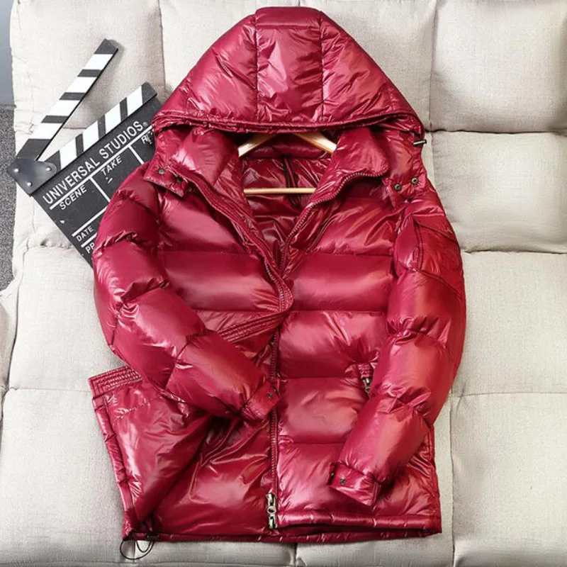 Мужская теплая зимняя куртка блестящее пальто с капюшоном синий утиный пух