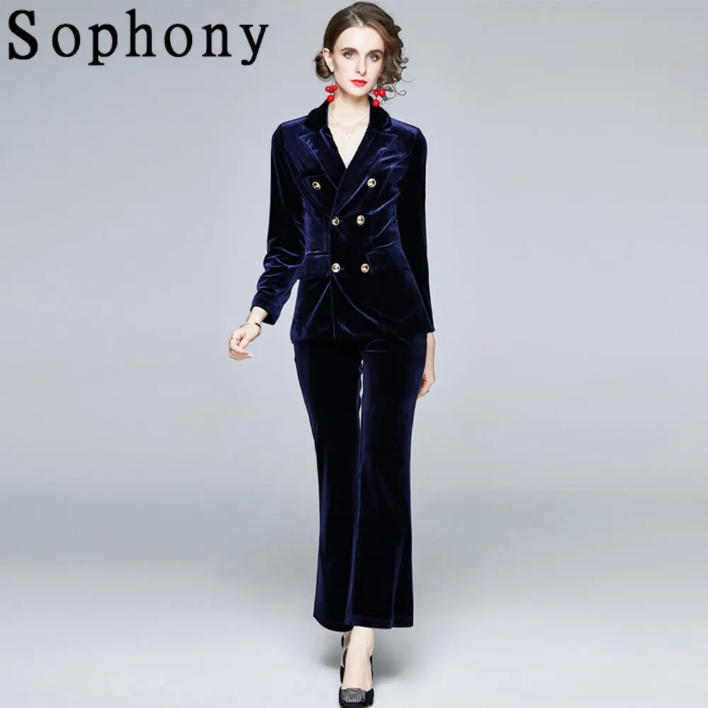 

Office Lady Velvet Two Piece Pants Sets Female V Neck Double-breasted Coat Tops and Long Flare Pants Winter Autumn Suits S7863