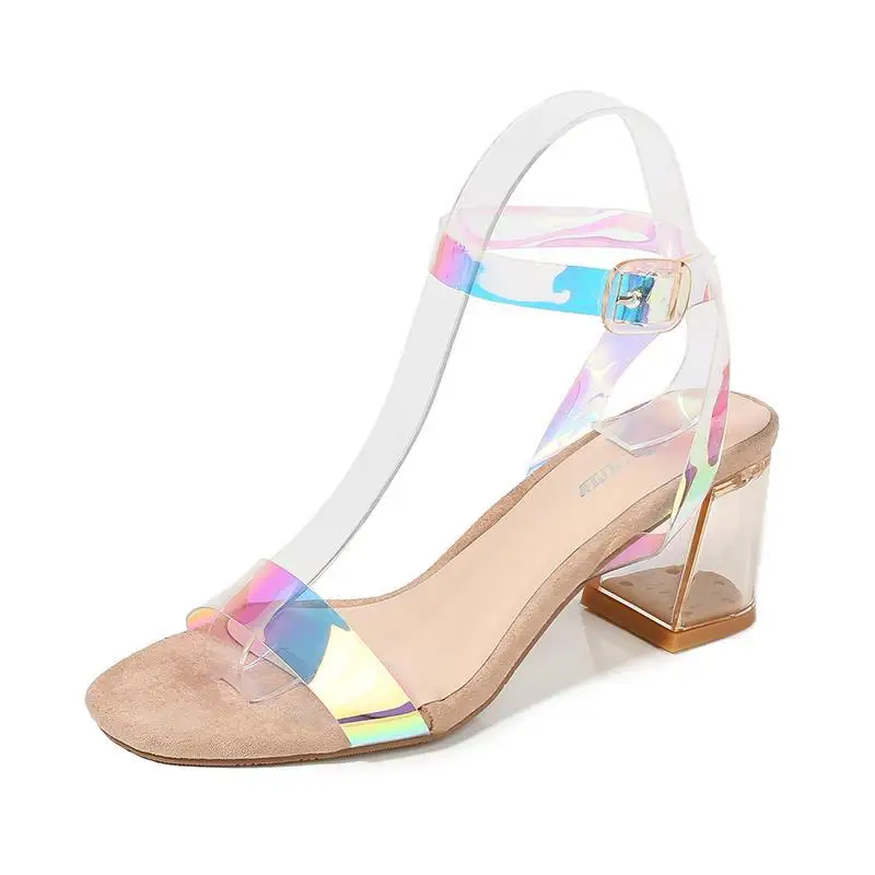

Multicolored Sandals 2021 Summer Female Shoe Open Toe Girls New Rhinestone Elastic Band Peep Fashion Low Comfort PVC Rome Casual