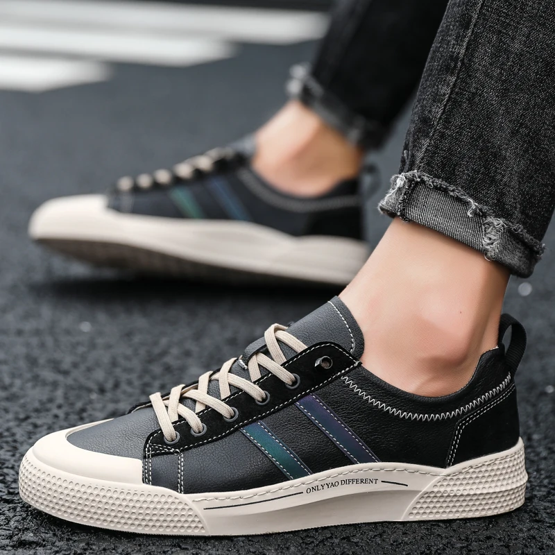 

FEBMOFL 2021 New Style Casual Men's Leather Shoes Sole Lace-up Sneakers Embroidered Decoration Men Footwear Whtie Fashion Flats