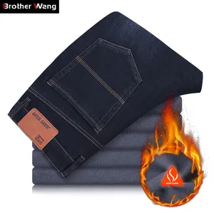 Новинка 2019, зимние теплые технические джинсы, мужские деловые повседневные джинсовые эластичные брюки, плотные прямые черные брюки с флисовой подкладкой, мужские брендовые