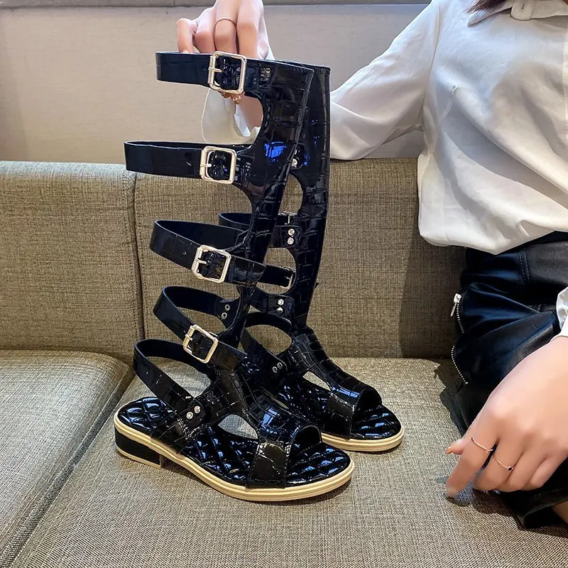 

New Fashion Women High Boots Temperament Black Square Root Woman Sandals Leather Shoes